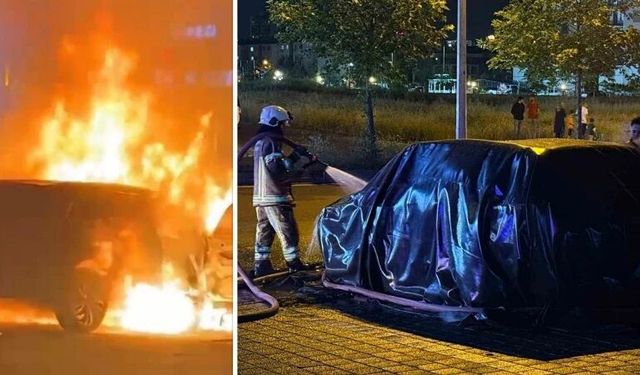 Diyarbakır'da alev topuna dönene elektrikli SUV'a battaniyeli müdahale!