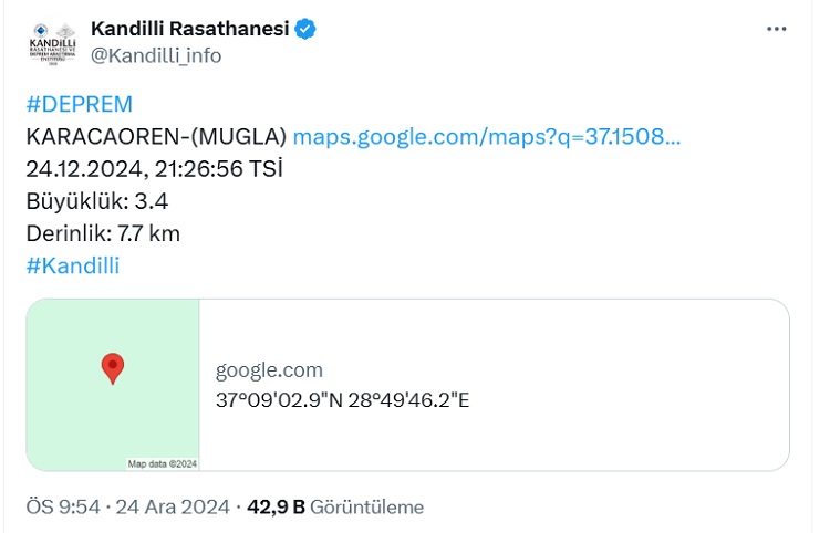 Muğla’da 7.7 Kilometre Derinliğinde Deprem Yaşandı!