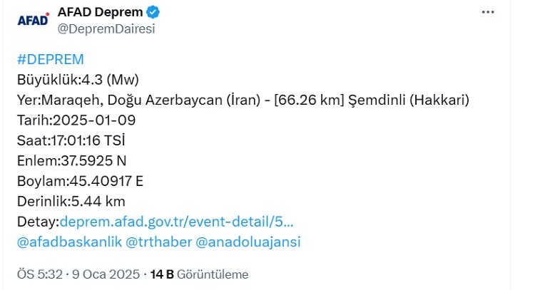 Hakkari Şemdinli’de 4.3 Şiddetinde Deprem!