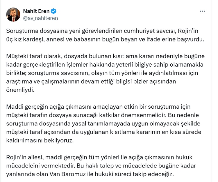 Nahit Eren’den Rojin Kabaiş Açıklaması