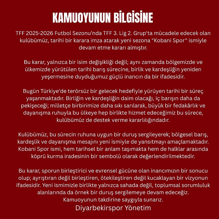 Diyarbekirspor’un Ismi Değişti “Kobani Spor” Oldu!