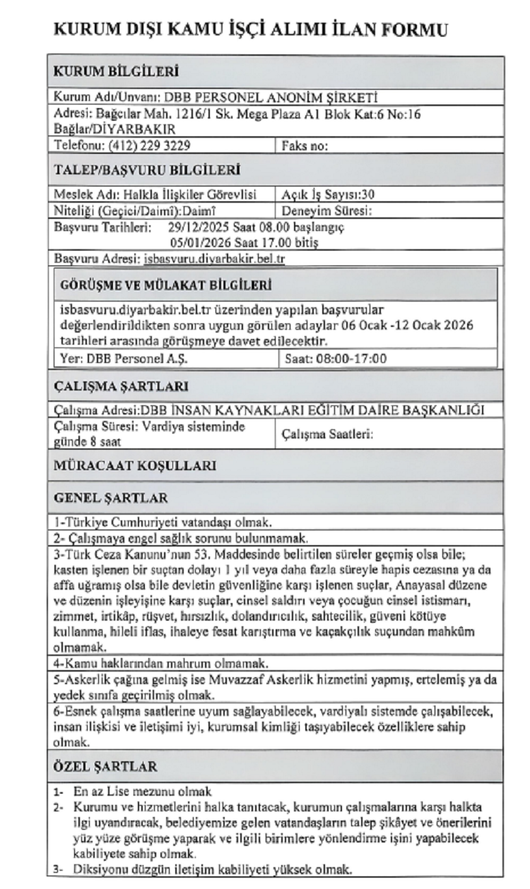 Diyarbakır Büyükşehir 30 Personel Alımı Yapıyor İşte Başvuru Tarihleri!