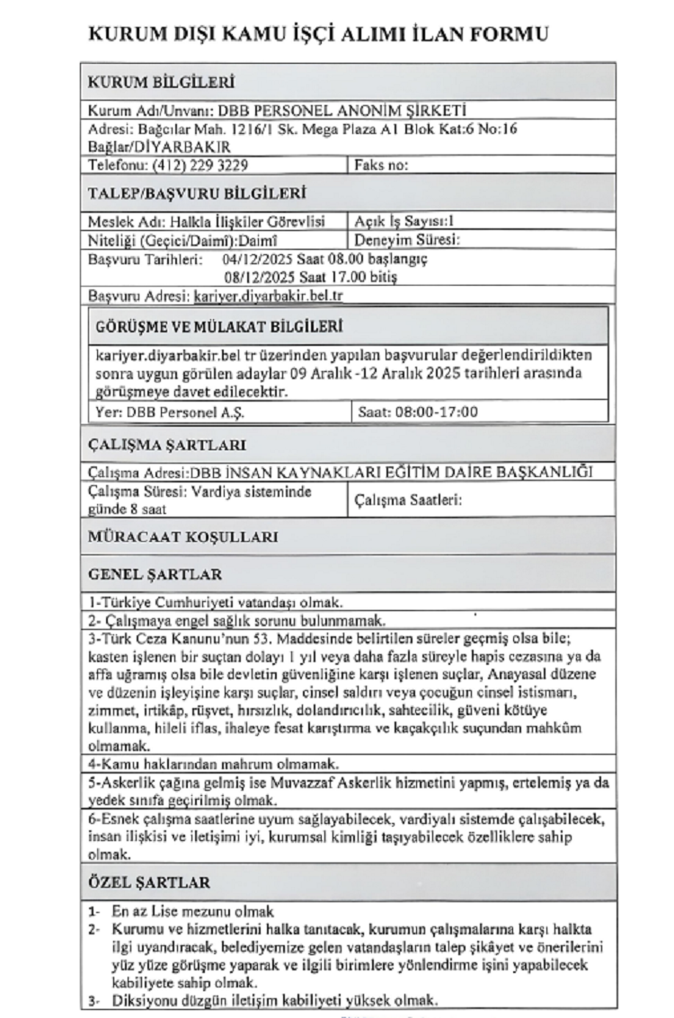 Diyarbakır Büyükşehir Personel Alıyor Detayları Belli Oldu!