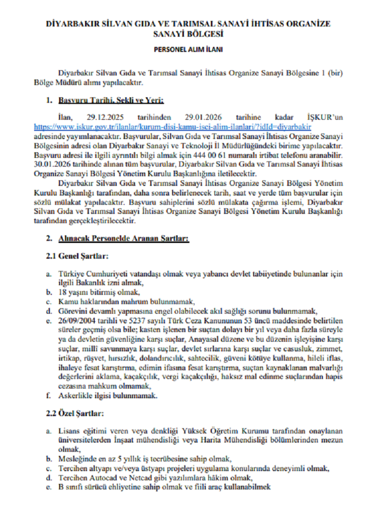 Diyarbakır’ın Ilçesinde Organize Sanayi Bölgesi Için Müdür Alımı Yapılacak! Silvan