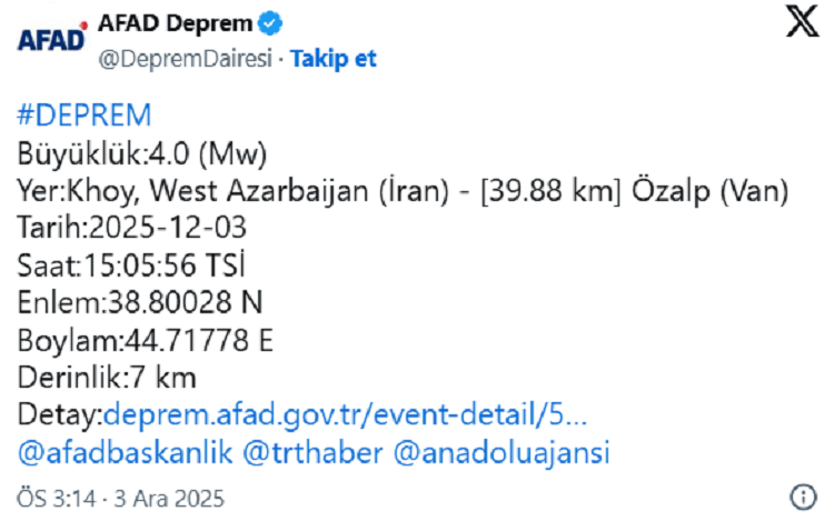 İran’da Yaşanan Deprem Van’da Hissedildi İşte Büyüklüğü!