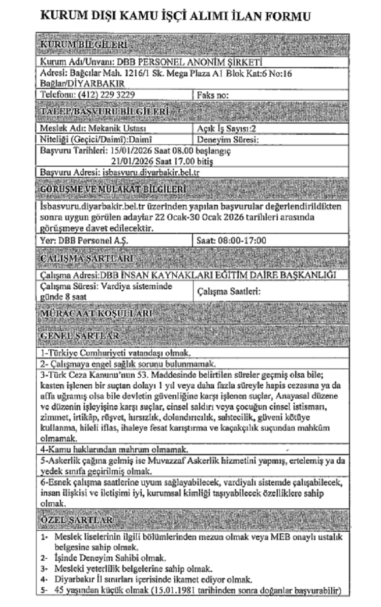 Diyarbakır Büyükşehir Personel Alımı Yapıyor İşte Meslekleri
