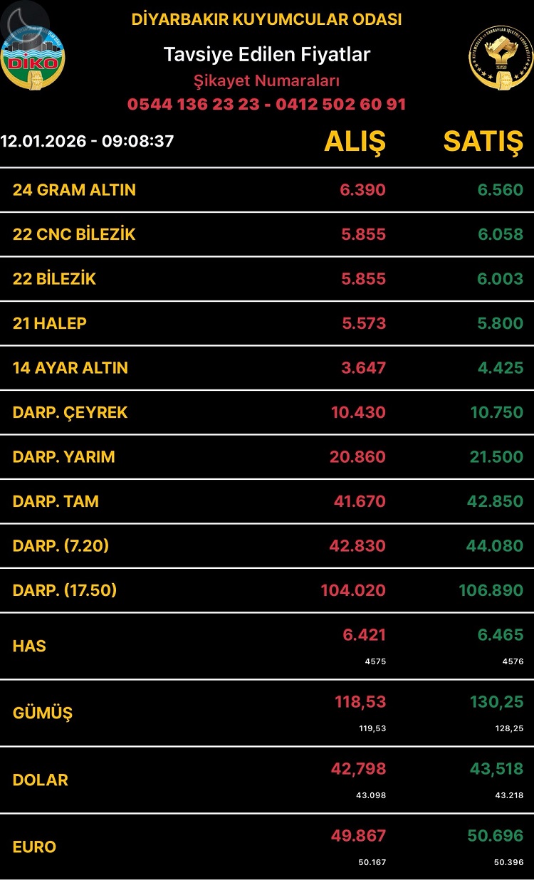 Diyarbakıraltınfiyatları12Ocak2026