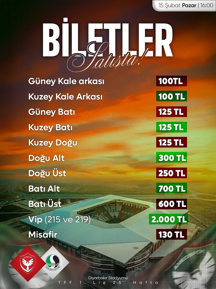 Amedspor Sakaryaspor Maçının Bilet Fiyatları Belli Oldu!
