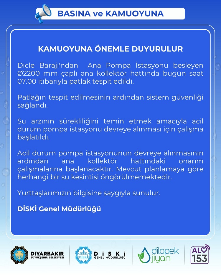 Dicle Barajı Ana Hattında Patlak Yaşandı Di̇ski̇’den Kesinti Açıklaması!