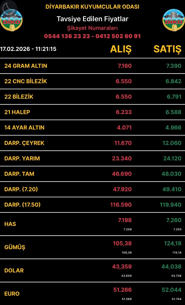 Diyarbakıraltınfiyatları17Şubat2026