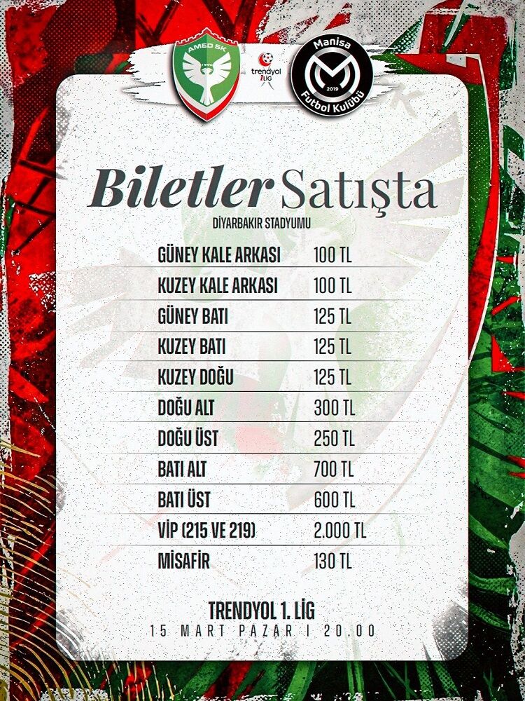 Amedspor Manisa Fk Maçı Biletleri Satışta İşte Fiyat Listesi!