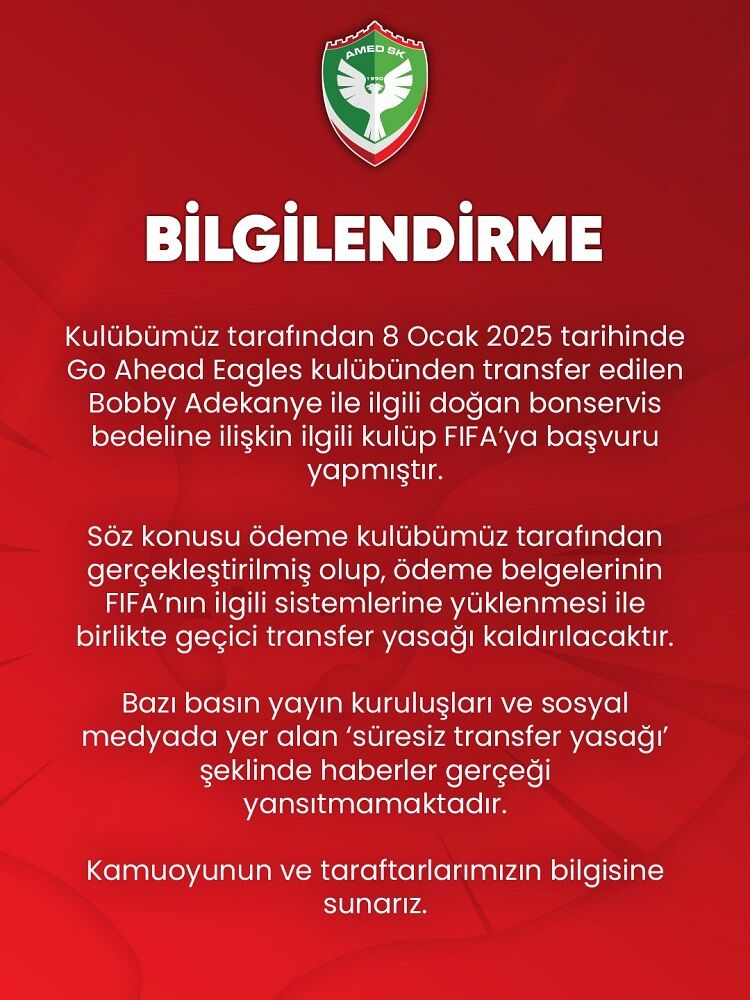 Amedspor’dan Transfer Yasağı Açıklaması Ödeme Yapıldı, Yasak Kalkıyor