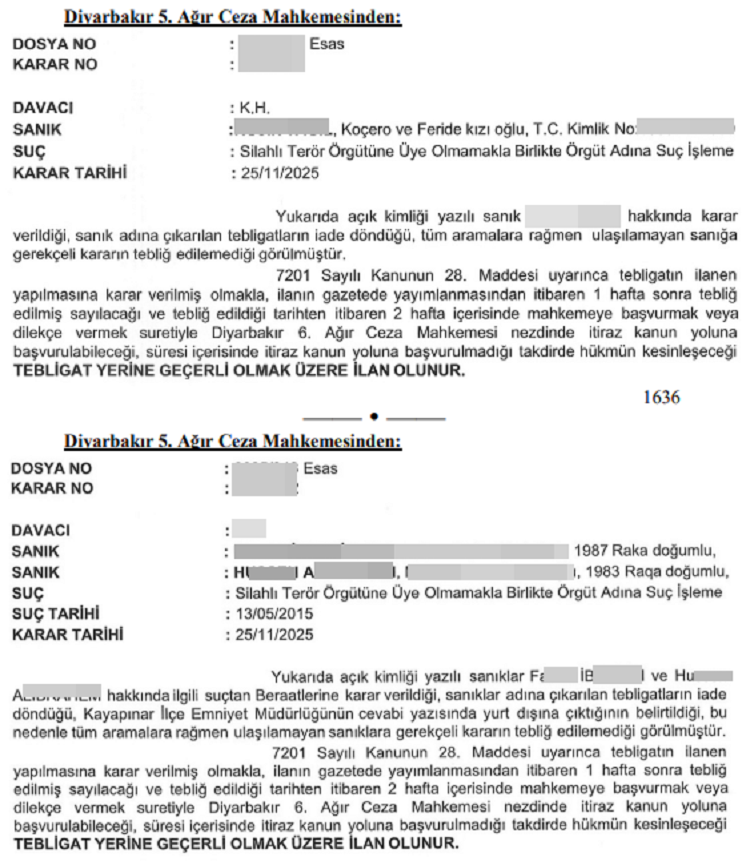 Diyarbakır'da Adresinde Bulunamayan Sanıklar Resmi Gazete'de!