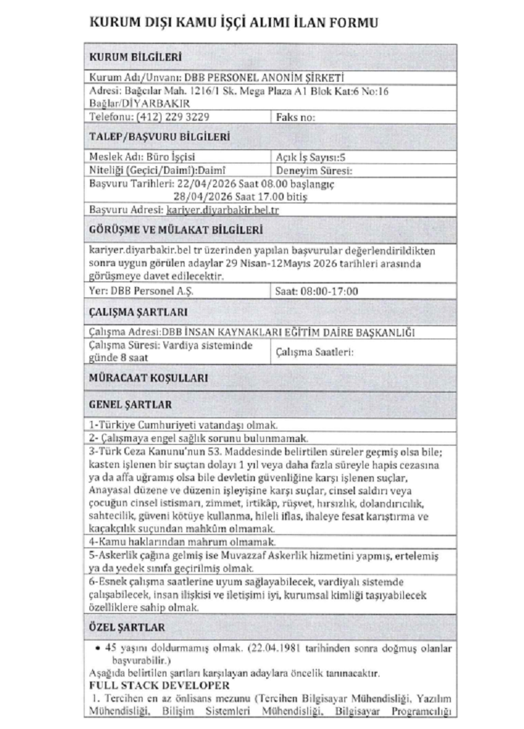 Diyarbakır Büyükşehir Büro Personeli Alıyor İşte Detayları! (2)