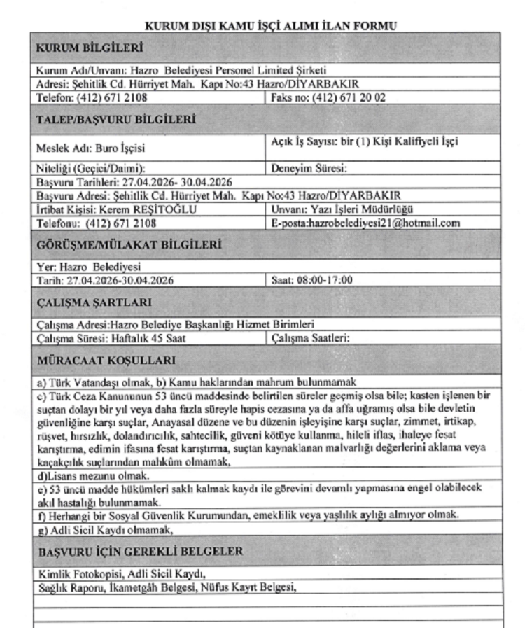 Diyarbakır’daki Belediye Büro Personeli Alıyor İşte Detayları!