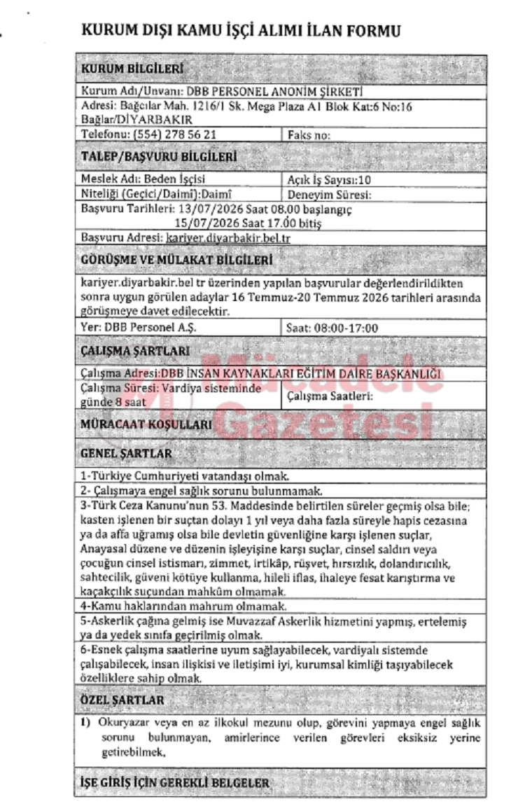 Diyarbakır Büyükşehir Belediyesi 10 Kişilik Işçi Alımı Yapıyor!