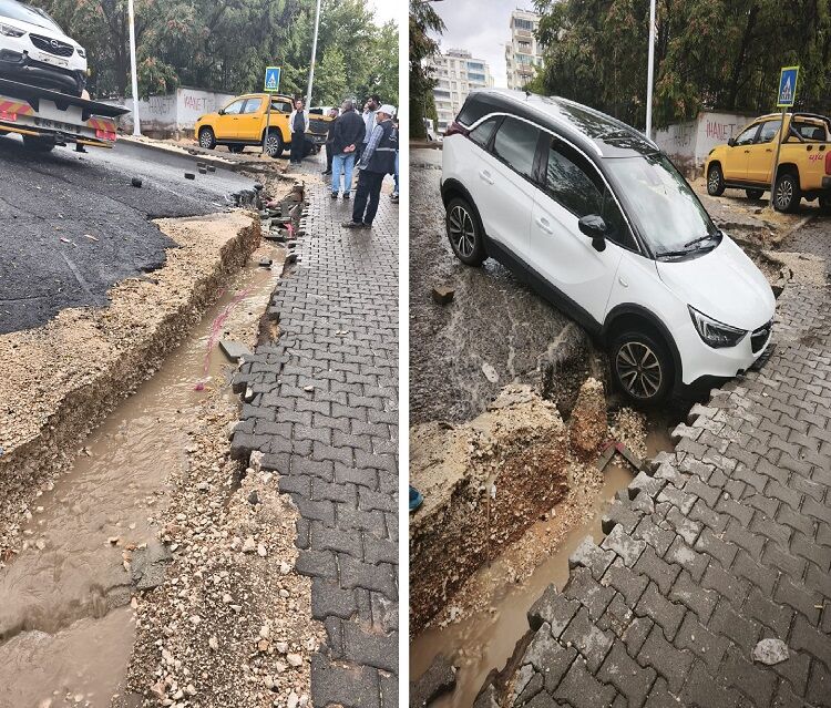 Diyarbakır'da Yağmur Sonrası Yol Çöktü, Araç Çukura Düştü!-1